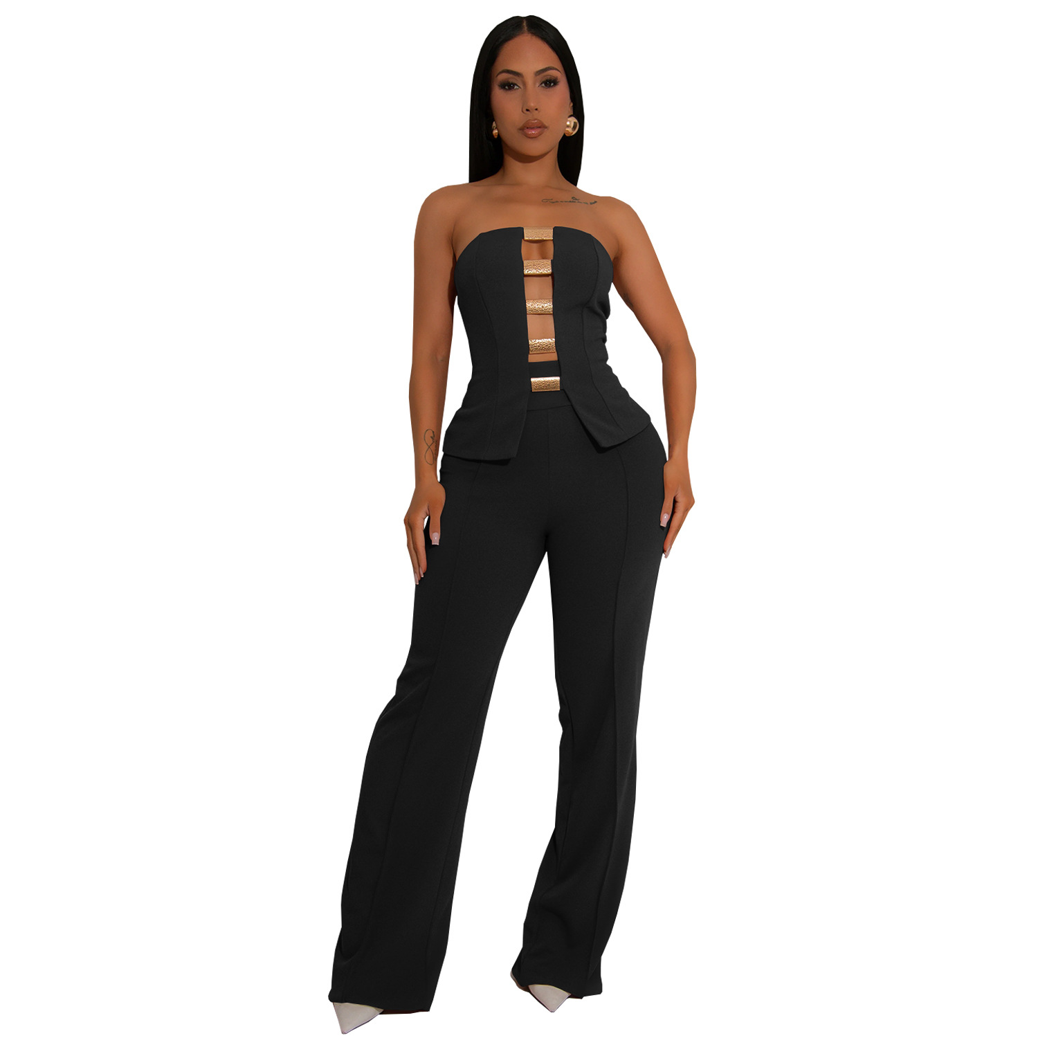 C7367 Cross-border AliExpress Amazon Ropa de mujer de moda europea y americana Top de tubo sexy Botón dorado Pantalones de brazo de dos piezas