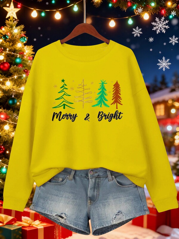 Happy and Bright Christmas Tree Print Women's Sweatshirt, Round Neck Casual Pullover, Autumn Street Style Happy and Bright Christmas Tree Print Women's Sweatshirt, Round Neck Casual Pullover, Autumn Street Style