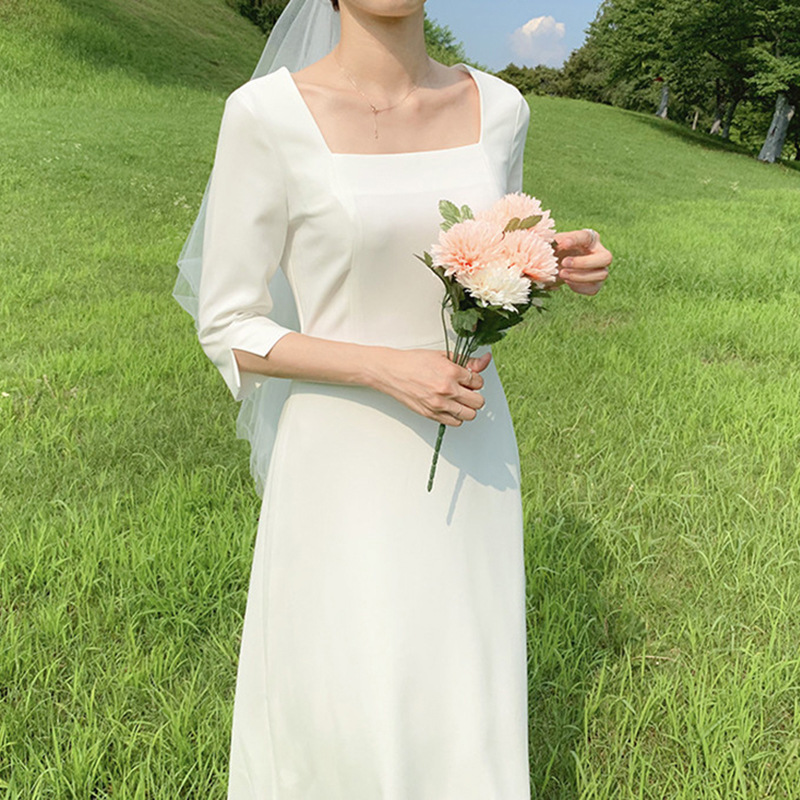 French style light wedding dress satin simple square collar waist slimming registration dress dress Daily wearable