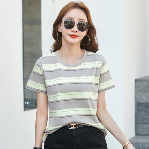 499 Summer new striped large size loose short-sleeved women's T-shirt round neck Japanese and Korean casual versatile top