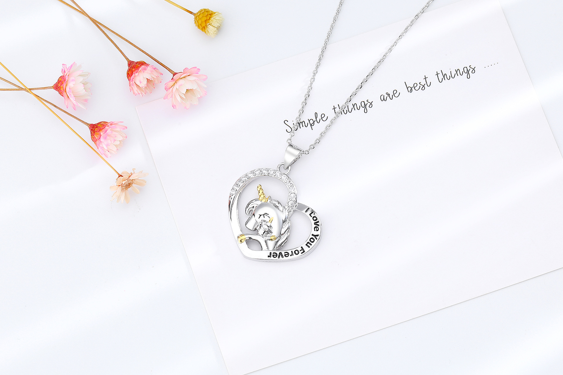 Lady Heart Shape Unicorn Copper Inlay Rhinestones Pendant Necklace 1 Piece