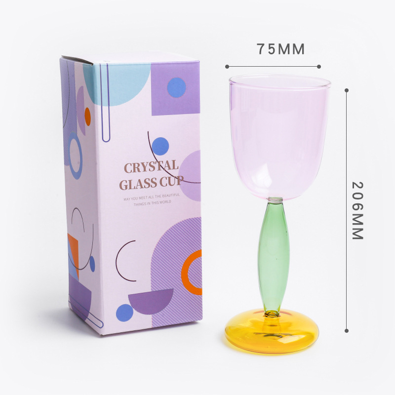 Red neta de alto valor, copa de vidrio de color de contraste de viento ins, costura para el hogar, copa de vino de vidrio de borosilicato esférico de color