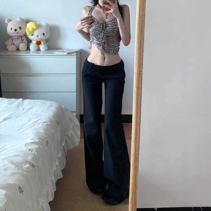 Design Sense Black Low-waisted Pants Women's Summer Straight Micro-pants Spice Girls Slim-looking Pants Thin Casual Pants