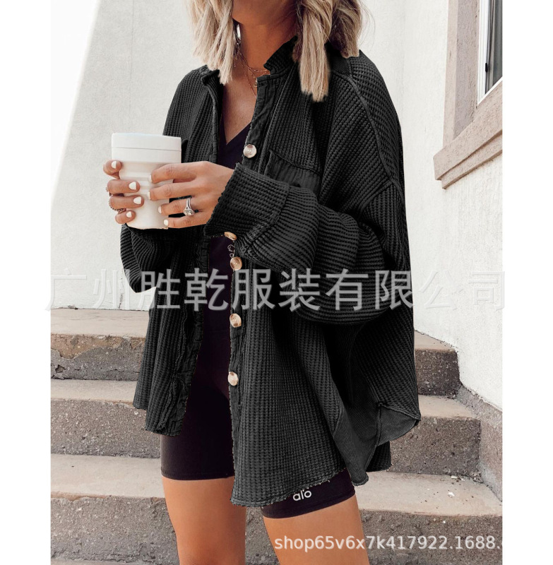 2025欧美跨境外贸秋冬拼接针织开衫外套女时尚休闲小立领口袋华夫|undefined