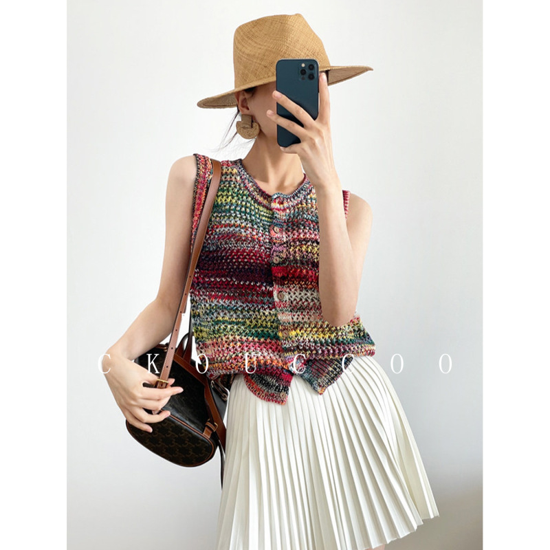 Rongtai Dopamine Style Pure Cotton Rainbow Gradient Hollow-Out Sleeveless Knitted Cardigan for Women, New Summer Outerwear Top Rongtai Dopamine Style Pure Cotton Rainbow Gradient Hollow-Out Sleeveless Knitted Cardigan for Women, New Summer Outerwear Top