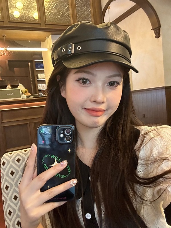 pu皮黑色八角帽复古秋冬鸭舌帽子女韩版休闲百搭日系报童帽潮软顶|undefined