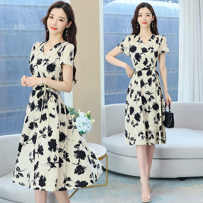 summer-retro-temperament-mid-length-cinched-slimming-short-sleeves-printed-female-dress