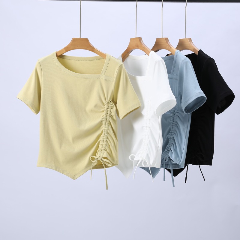 2026 New Style Slanted Collar, Straight Shoulder, Short-Sleeved T-Shirt for Women, Summer Slim Fit, Asymmetrical Design, Drawstring, Chic Short Top
