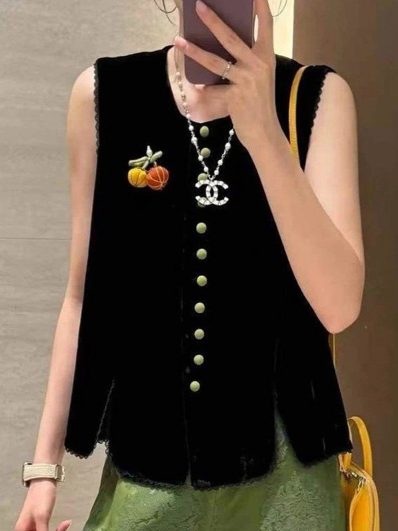 批发中式丝绒马甲背心女2025秋季新款气质新中式蕾丝花边上衣马甲|undefined