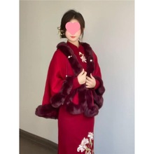 红色旗袍披肩秋冬季敬酒服婚礼新娘结婚加绒加厚保暖斗篷外套披风