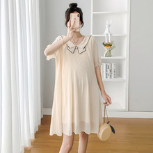 超大码孕妇连衣裙夏季时尚娃娃领百褶雪纺短袖裙子宽松遮肚300斤