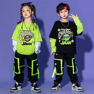 儿童秋季街舞荧光绿走秀演出服女童爵士舞潮服hiphop嘻哈男童套装