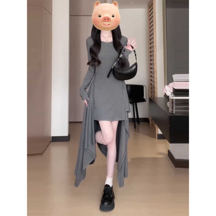 法式赫本风不规则黑色连衣裙子女春秋季2025年新款小个子气质长裙|undefined