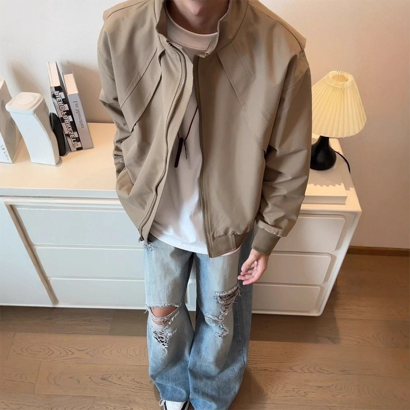 American-Style Deconstructed Patchwork Short Jacket for Men, Autumn Trendy Bomber Pilot Jacket, Outdoor Three-Proof Windbreaker