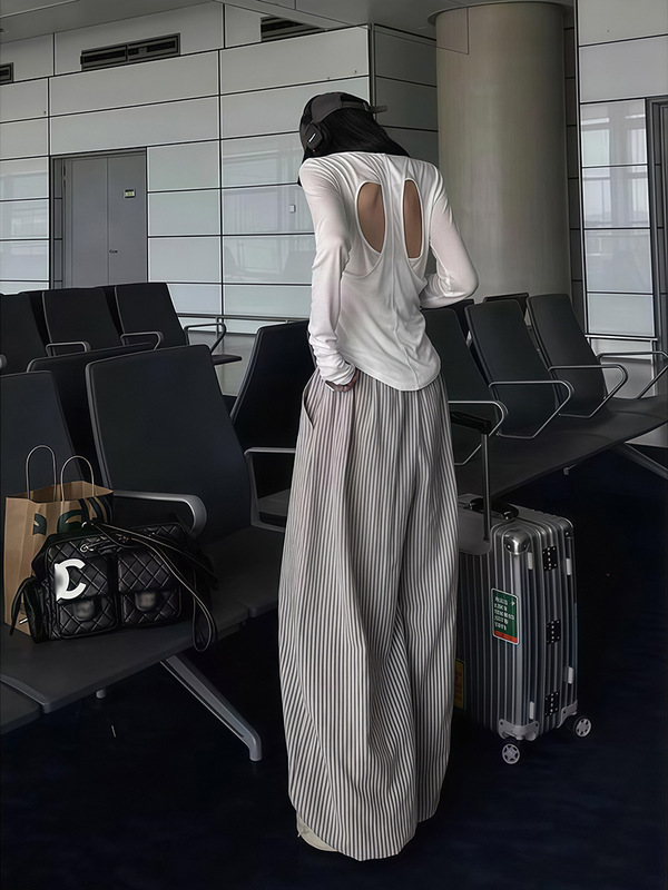 美式复古条纹阔腿休闲裤女秋季新款街头辣妹慵懒松弛宽松拖地长裤|undefined