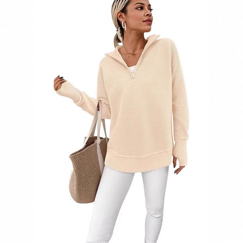 Amazon 2025 Long-Sleeved Half-Zip V-Neck Ribbed Knitted Sweater Pullover for Women 2025 Early Autumn Suit Women's Clothing