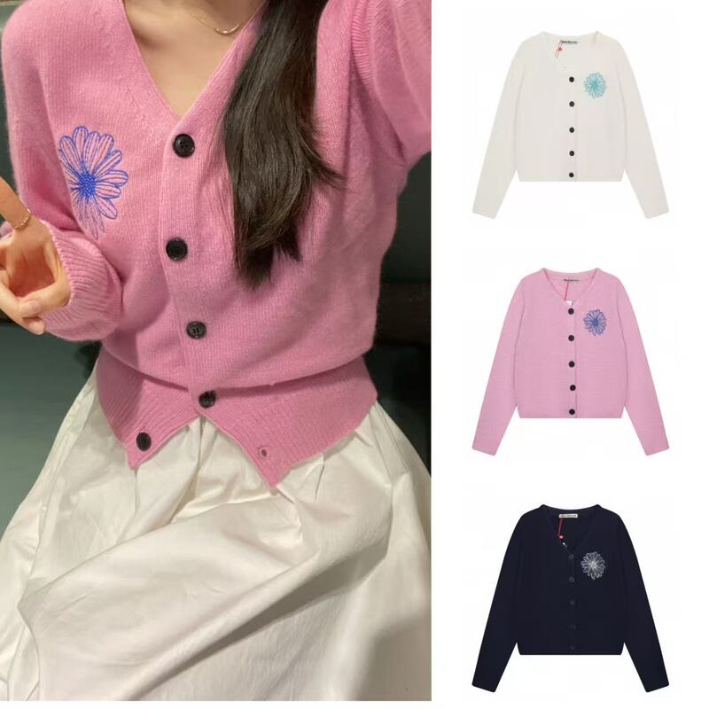 25 Cross-Border Daisy Mard Classic V Neck Sweater Jacket Embroidered Knitted Cardigan Women's Mid-Length Sleeves Fashionable and Versatile