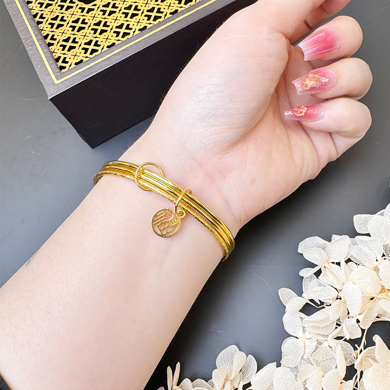 Nueva pulsera de oro de arena vietnamita de estilo chino, marea nacional antigua, marca Fu, pulsera Sansheng III, fabricante de joyería simple retro