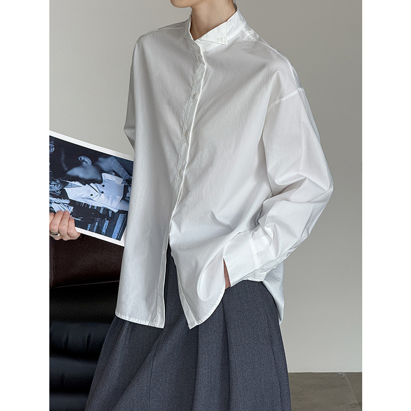 Youge Autumn New Style Lazy Stand Collar Minimalist Loose Shirt Long Sleeve Commuting High-End Versatile Top 250118