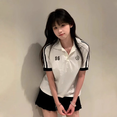アメリカンスタイルショルダーラペル半袖Tシャツレディース2025年夏新作スポーツポロシャツカレッジスタイルルーズカジュアルトップ