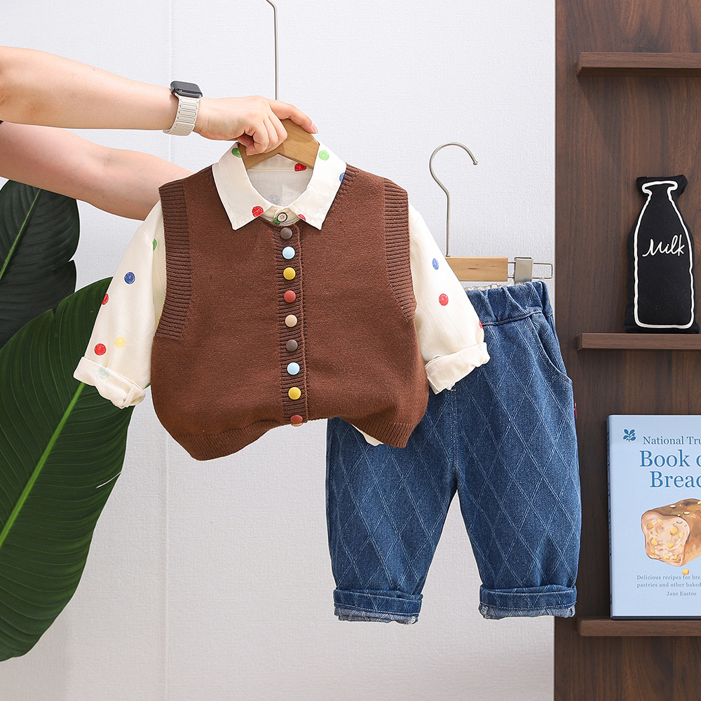 Boys' Spring And Autumn New Colorful Button Sweater Three-Piece Set 2025 Stylish Baby Long Sleeve Outfit Infant_voghion.com