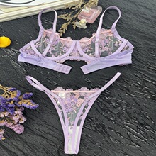2025跨境新款刺绣蕾丝有钢圈情趣内衣性感透气女士文胸罩套装批发