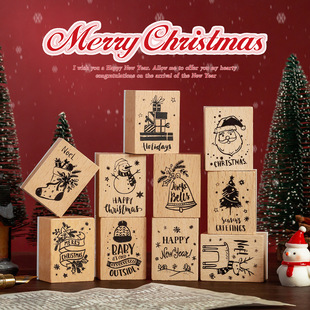 Christmas wooden seal set box diy hand account diary decoration material stamp cross-border Christmas wooden seal