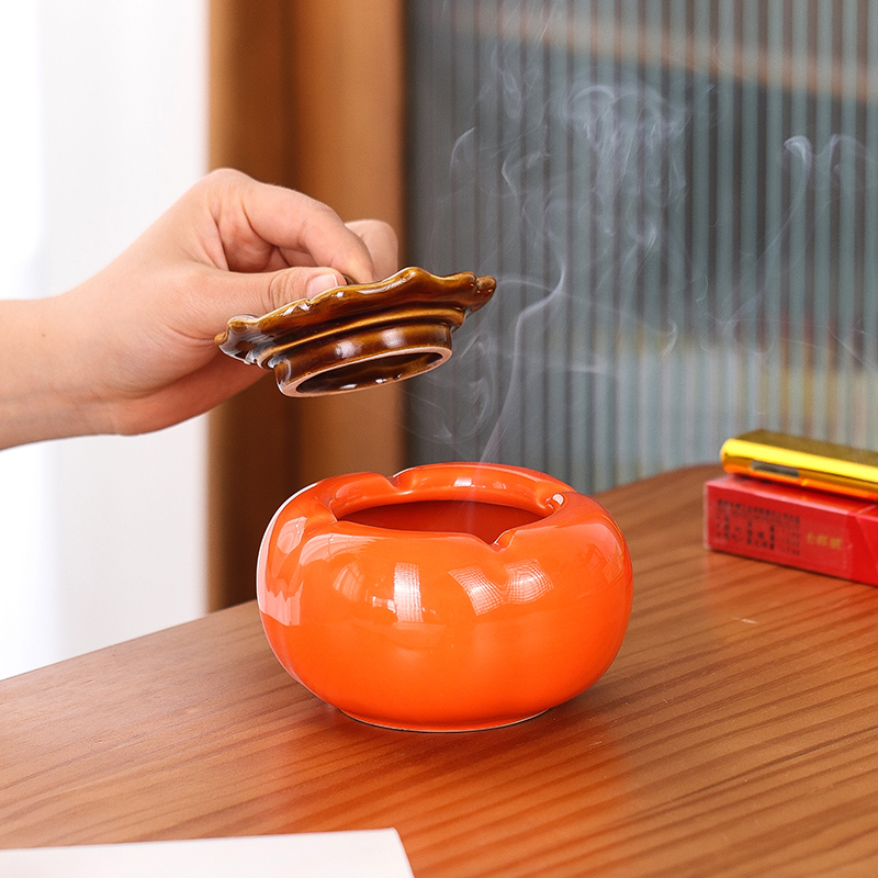 烟灰缸柿柿如意陶瓷密封带盖烟灰缸创意摆件工艺品中式家用烟灰缸|undefined