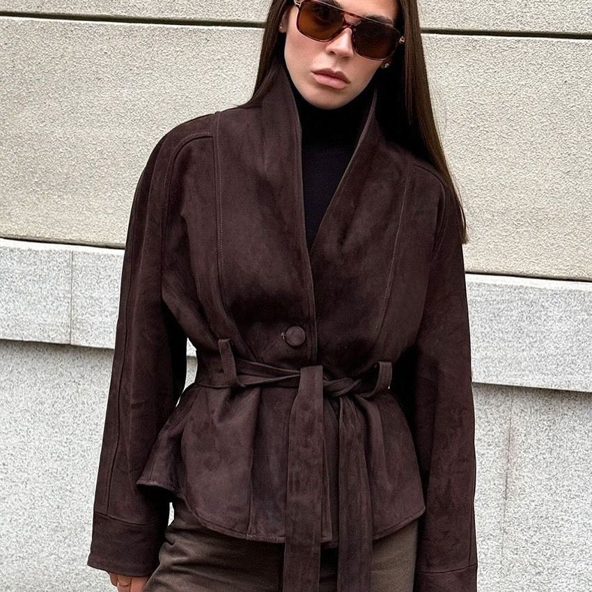 Cross-Border European and American Style Women's Autumn and Winter New Maillard Waist Unique and Good-Looking High-End Lapel Windbreaker Jacket