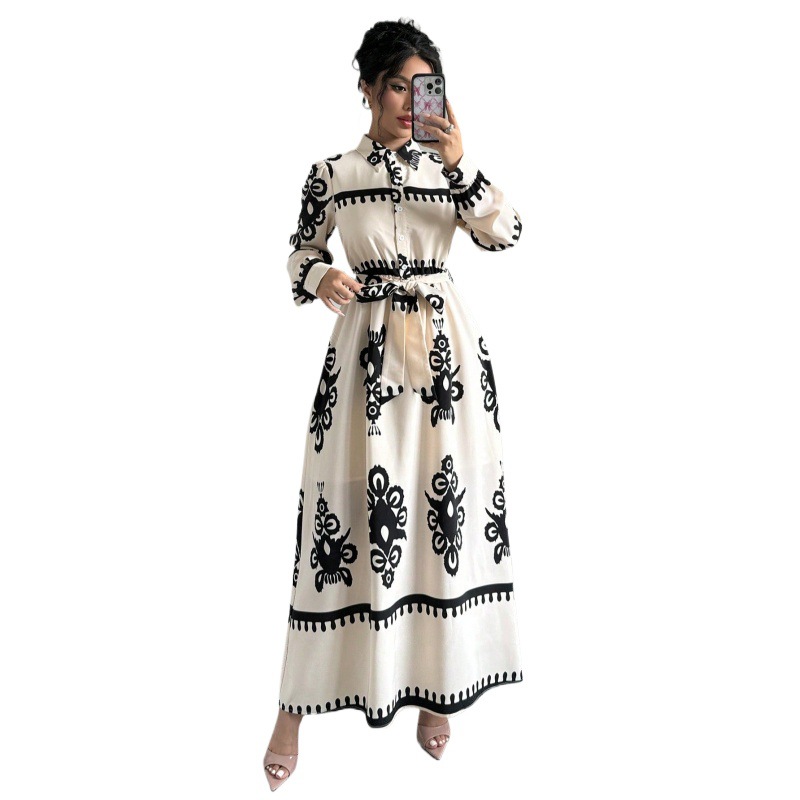 Real Shot In Stock 2025 New Autumn Winter Foreign Trade Cross-Border European And American Printed Lace-Up Shirt Sleeve_voghion.com