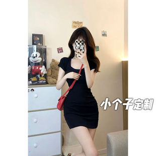 2024 short hot girl U-neck slim fit dress women's tight waist sheath a-line short sleeve high skirt autumn