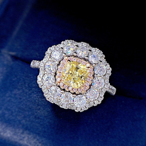 Yellow pink 2 carat main stone radiant yellow diamond gemstone ring for women luxury simulated diamond ring dropshipping