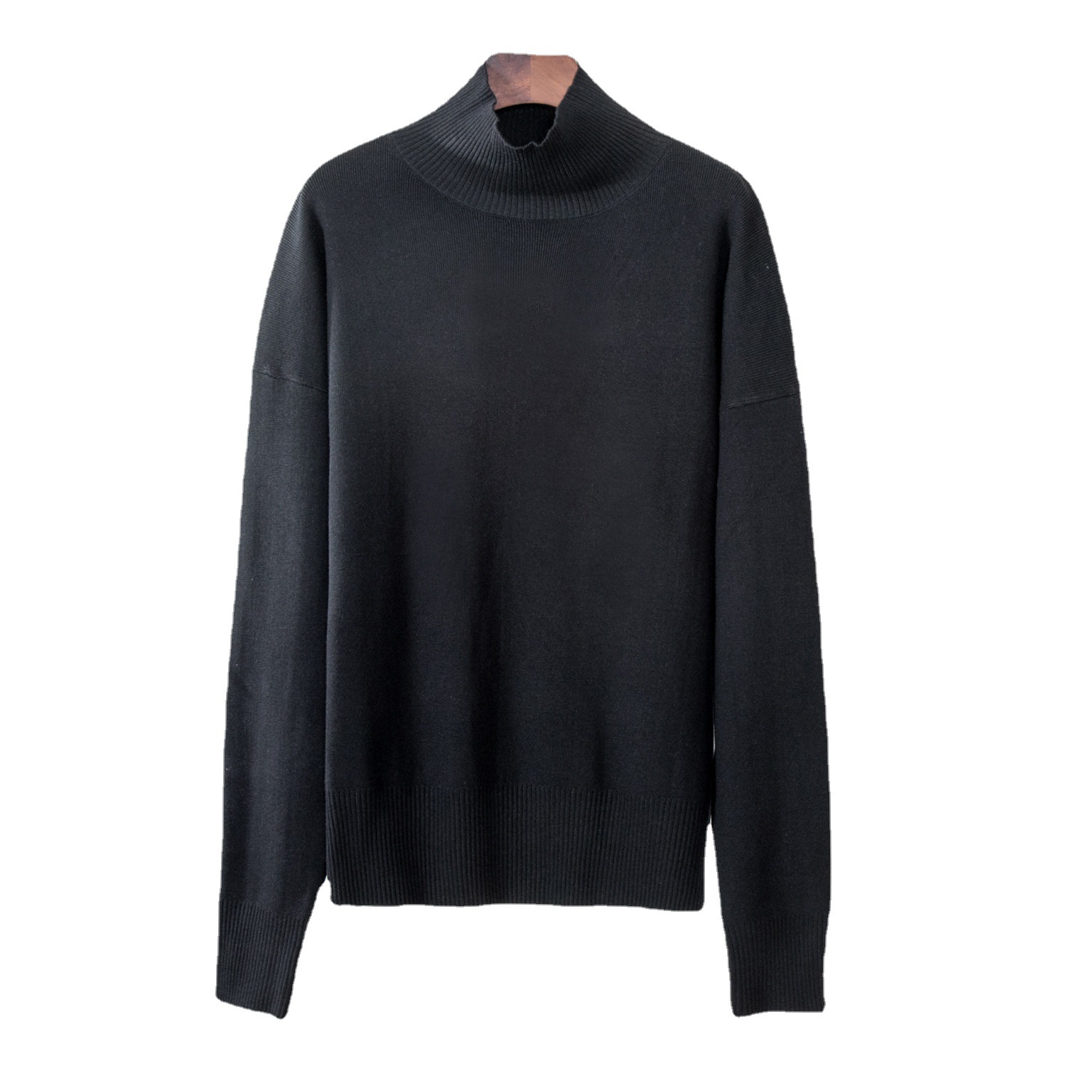 Μονόχρωμο πλεκτό ημιψηλό γιακά για φθινοπωρινή χειμερινή μόδα, απλό και φαρδύ ζεστό πουλόβερ με στάμπα_voghion.com