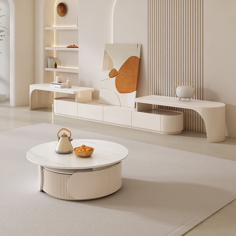 Mesa de té de estilo crema francés TV combinación sala de estar hogar simple moderno tamaño retráctil redondo diseñador mesa de té