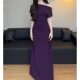 Pure Desire High-end Sense Short-sleeved Slant Shoulder Split dress Temperament Slim-fit Slim-fit Hip Skirt Shoulder Niche Design