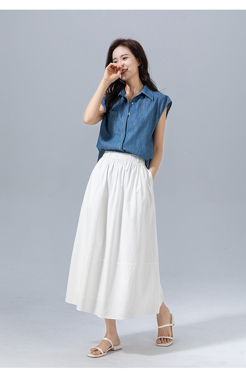 Áo sơ mi denim Tencel không tay thiết kế Xinge dáng suông đi làm — Màu xanh lam chi tiết 25