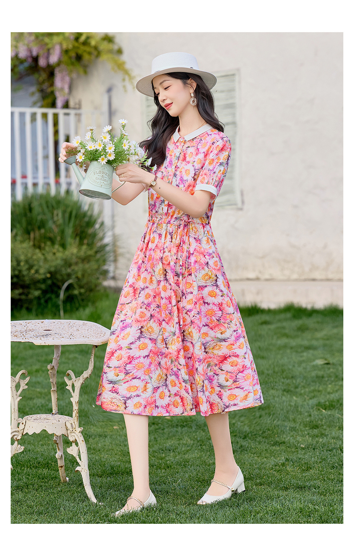 Đầm maxi nữ thắt eo họa tiết hoa nhí dáng suông rộng tay ngắn — màu đỏ chi tiết 15