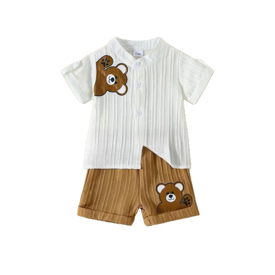 Cross-border 2025 summer hot selling baby girl super cute handsome two-piece bear crew neck shirt shorts suit