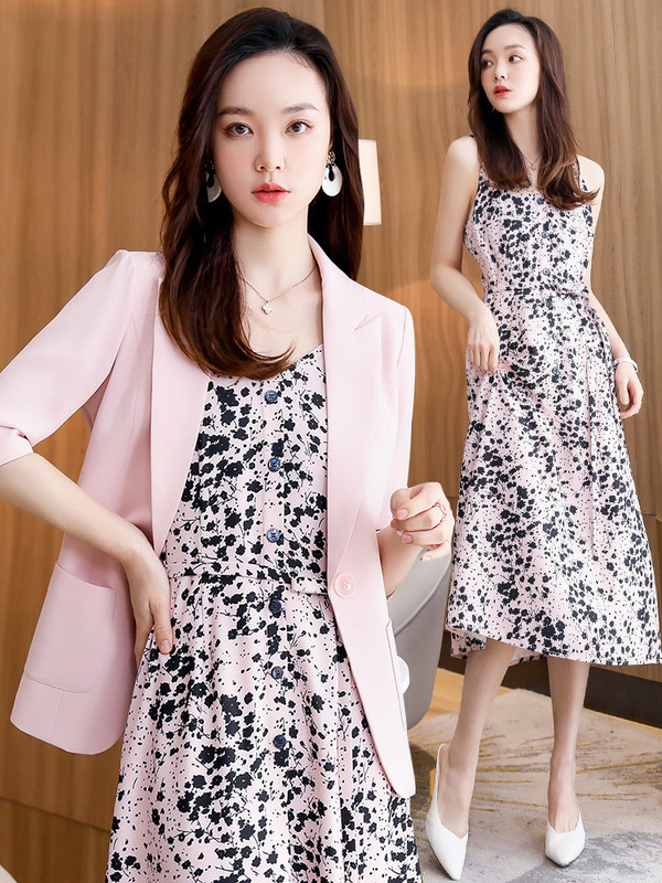Casual suit suit women's professional fashion elegant floral dress inner and outer wear chiffon suspender skirt two-piece suit Casual suit suit women's professional fashion elegant floral dress inner and outer wear chiffon suspender skirt two-piece suit
