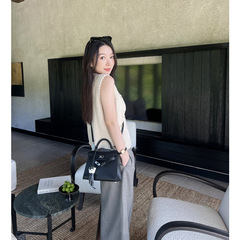 “半钢五金杜克普车”头层牛皮法羊纹迷你二代凯莉包单肩斜挎黑银