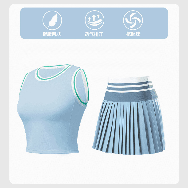 [Traje deportivo] chaleco de bra de cuello redondo de mujer, cintura alta, color combinado, vestido de tenis de pliegues secos rápidos, ropa apretada.