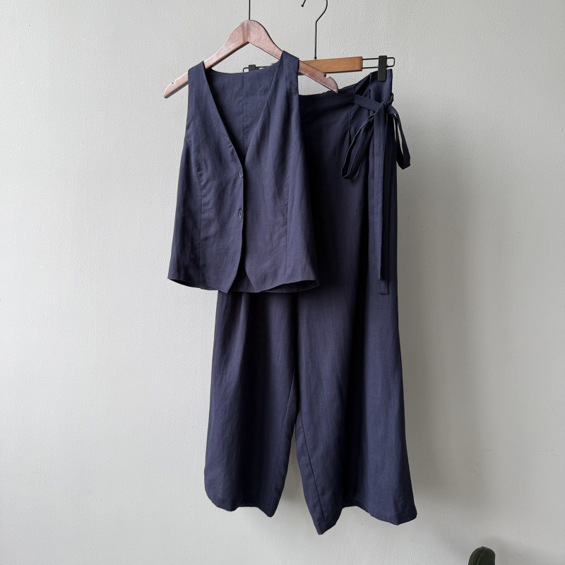 言葉双天糸亜麻袖なしベスト上着82505ワイドパンツ2点セット夏シンプルセット9813|undefined