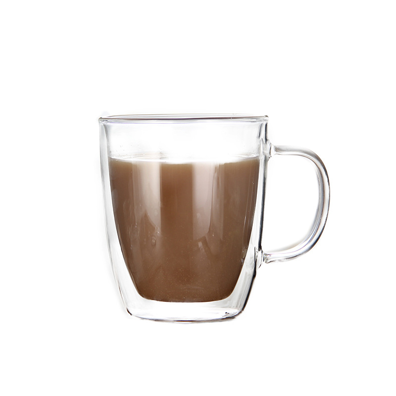 Suministro al por mayor aislado de doble capa de vidrio borosilicato creativo taza de agua taza de té transparente con mango taza de café de vidrio