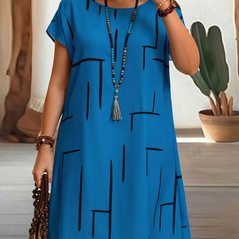 Loose Plus-Size Geometric Line Print Dress, Figure-Flattering A-Line Skirt, Casual and Simple, Elegant for Commuting, Mid-Length Dress Loose Plus-Size Geometric Line Print Dress, Figure-Flattering A-Line Skirt, Casual and Simple, Elegant for Commuting, Mid-Length Dress
