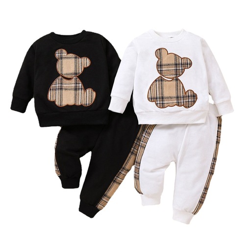 Cross-border INS Infant Boys' Summer Plaid Bear Patchwork Embroidered Long-sleeved Top and Long Pants Fashionable Suit