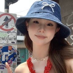 蝴蝶结牛仔渔夫帽女韩版甜美水洗刺绣盆帽春夏时尚百搭防晒遮阳帽