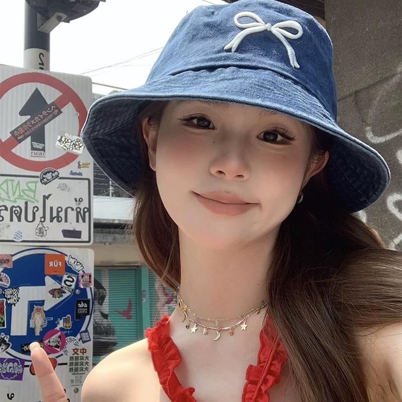 蝴蝶结牛仔渔夫帽女韩版甜美水洗刺绣盆帽春夏时尚百搭防晒遮阳帽|undefined