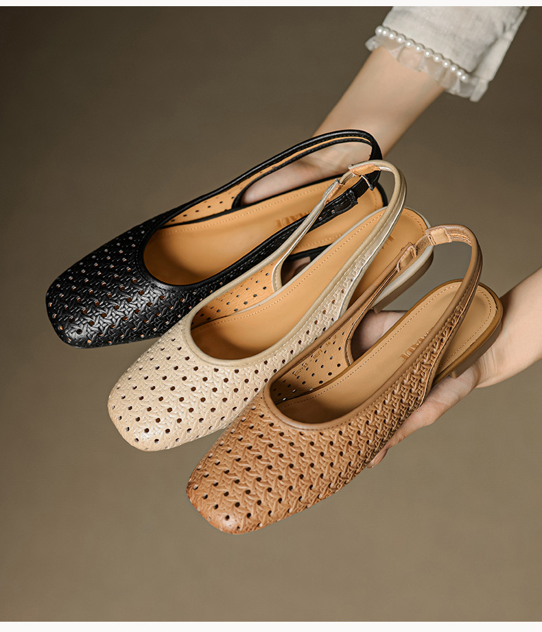 Sandal nữ đế bệt mũi bọc da bò, quai sau hở, phong cách vintage đan lỗ — đen chi tiết 4