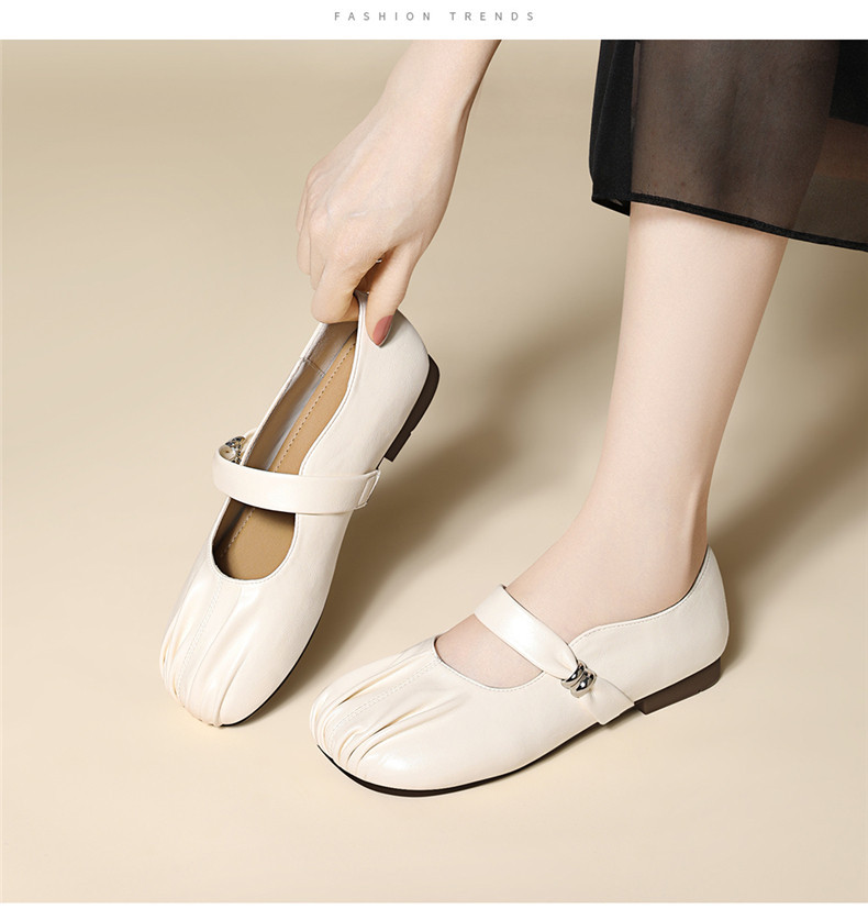 Giày Mary Jane nữ da thật đế mềm mũi tròn nhăn phong cách Pháp 2026 — JST 6082 Màu be và chiều cao 0,5cm, JST 6082 Màu nâu và chiều cao 0,5cm chi tiết 11