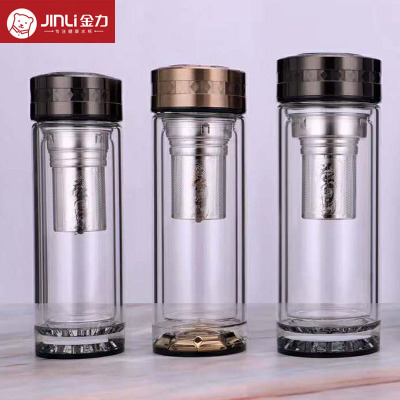 金力双层水晶玻璃杯商务礼品办公车载杯滤网泡茶杯带礼盒963